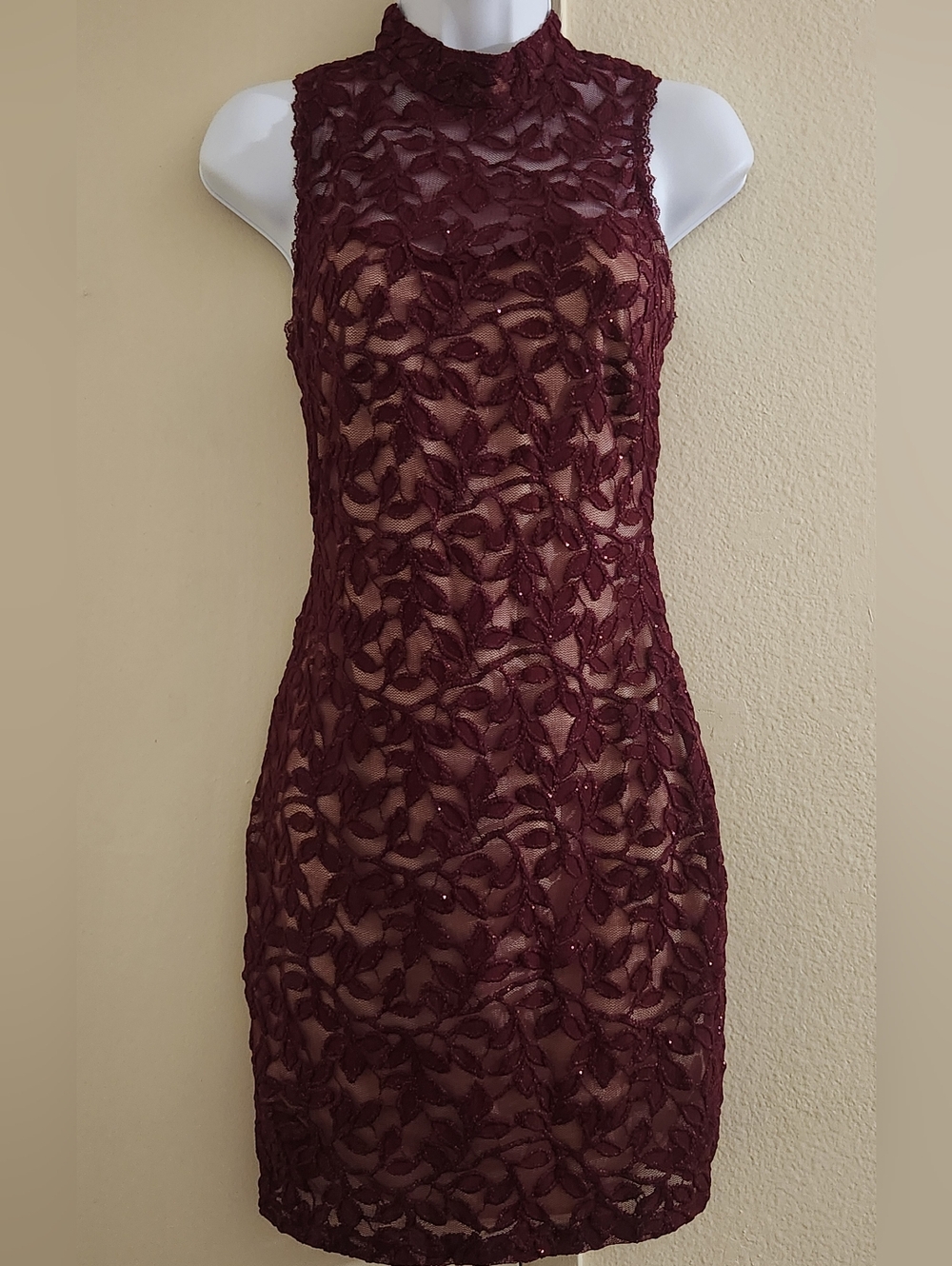 Emerald Sundae Sleeveless Lace Sheath Dress in Burgundy